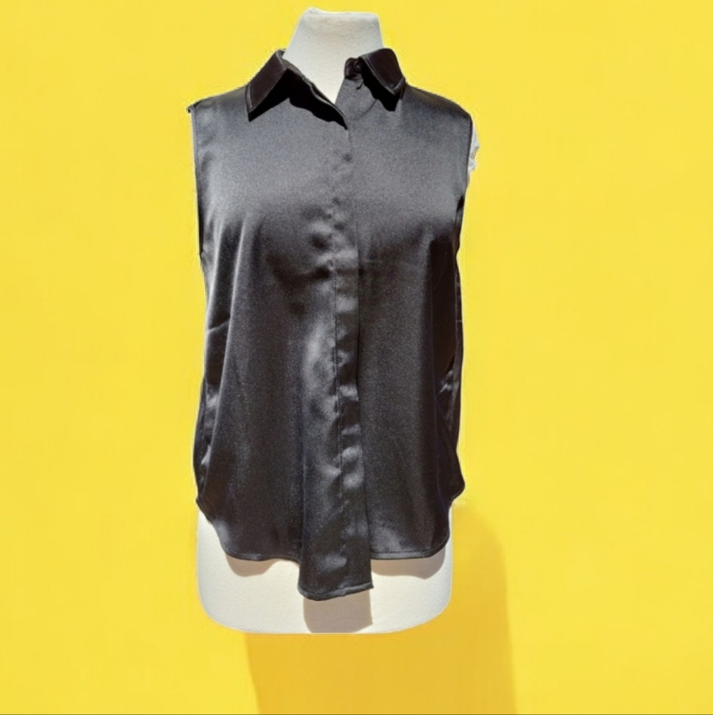 Rachel Zoe Black Sleeveless Hidden Button Satin Blouse Size Medium